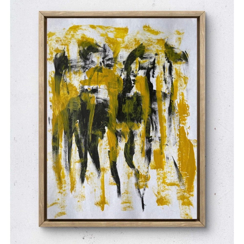 Original Abstract Expressionist Painting Yellow Black White 8.5x11 Paper Art